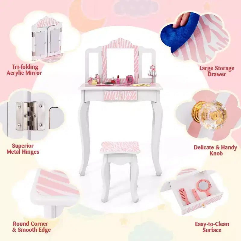 Costway Kids Vanity Table & Stool Set with Cute Polka Dot Print Tri-folding Mirror Drawer Pink&White/Light Pink&White/Pink&Black/Blue/Pink