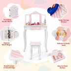 Costway Kids Vanity Table & Stool Set with Cute Polka Dot Print Tri-folding Mirror Drawer Pink&White/Light Pink&White/Pink&Black/Blue/Pink