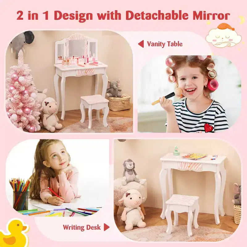 Costway Kids Vanity Table & Stool Set with Cute Polka Dot Print Tri-folding Mirror Drawer Pink&White/Light Pink&White/Pink&Black/Blue/Pink