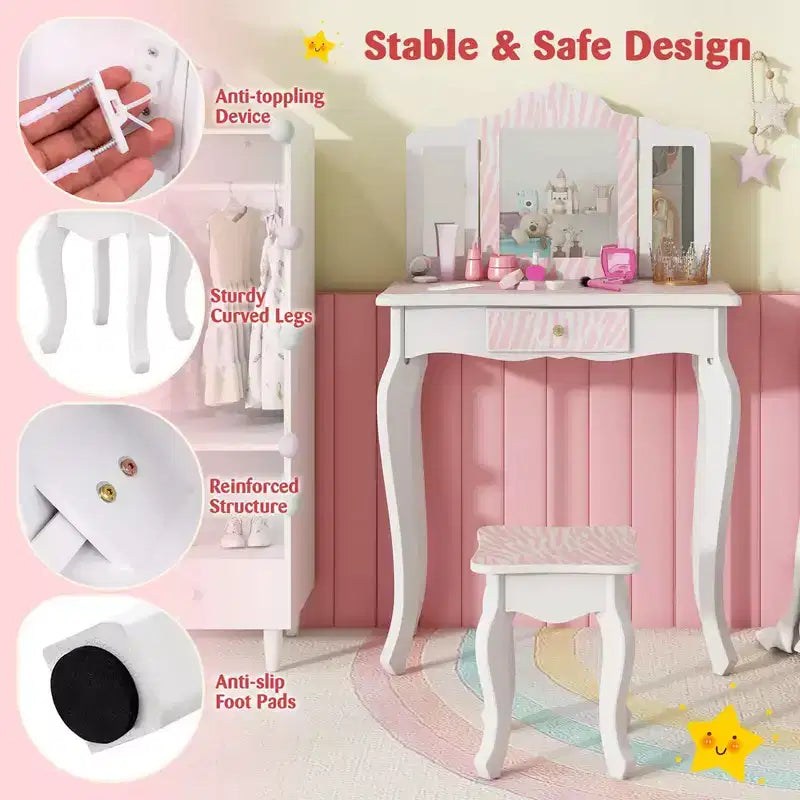 Costway Kids Vanity Table & Stool Set with Cute Polka Dot Print Tri-folding Mirror Drawer Pink&White/Light Pink&White/Pink&Black/Blue/Pink