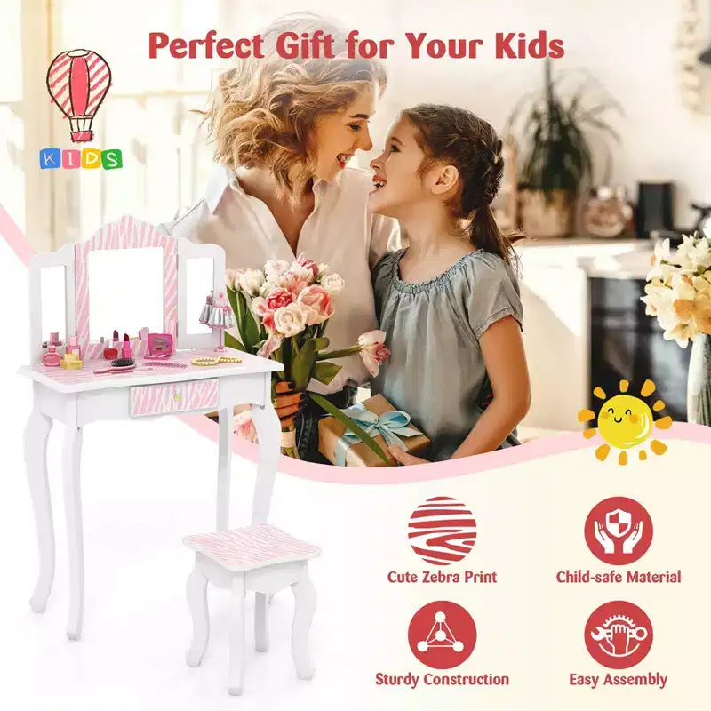 Costway Kids Vanity Table & Stool Set with Cute Polka Dot Print Tri-folding Mirror Drawer Pink&White/Light Pink&White/Pink&Black/Blue/Pink