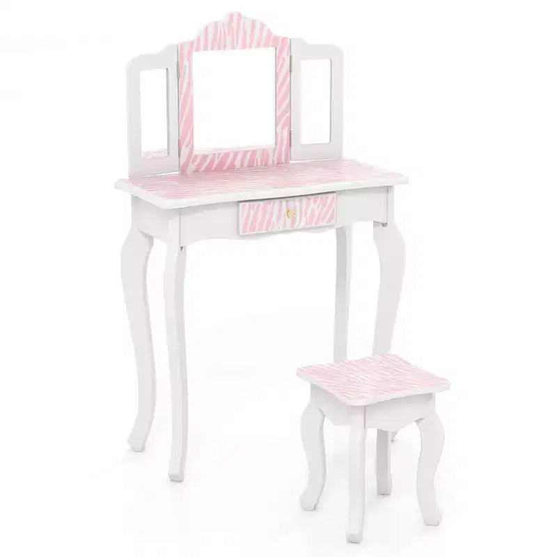 Costway Kids Vanity Table & Stool Set with Cute Polka Dot Print Tri-folding Mirror Drawer Pink&White/Light Pink&White/Pink&Black/Blue/Pink