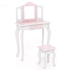Costway Kids Vanity Table & Stool Set with Cute Polka Dot Print Tri-folding Mirror Drawer Pink&White/Light Pink&White/Pink&Black/Blue/Pink