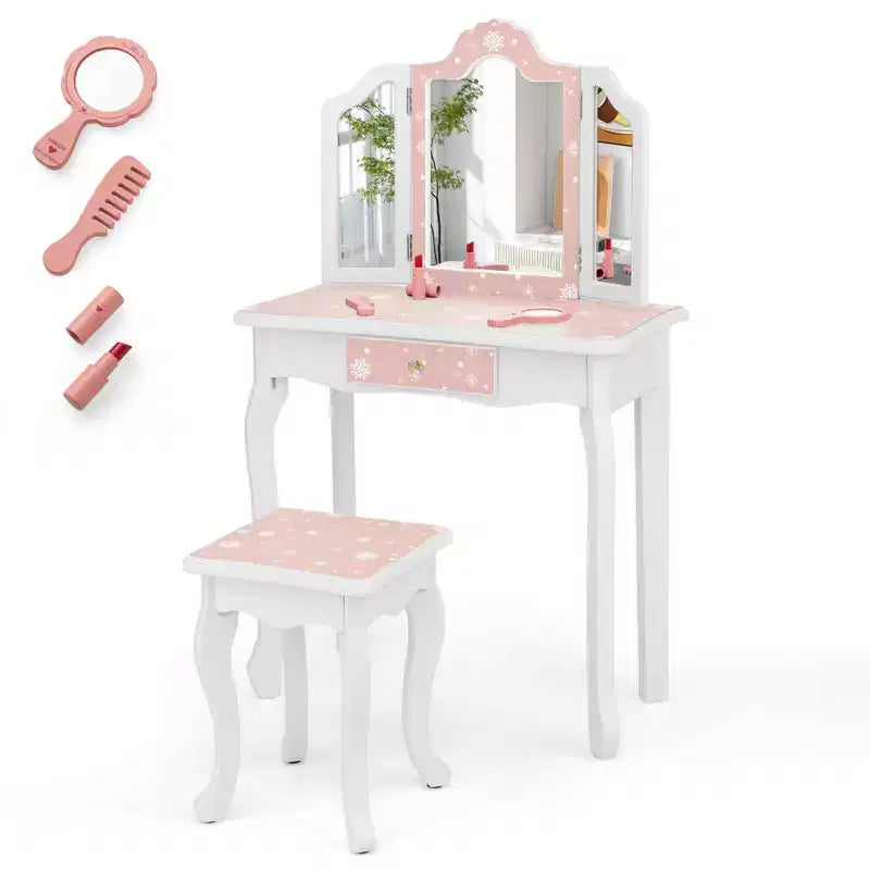 Costway Kids Vanity Table & Stool Set with Cute Polka Dot Print Tri-folding Mirror Drawer Pink&White/Light Pink&White/Pink&Black/Blue/Pink