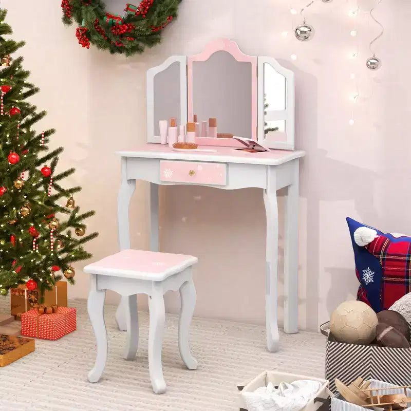 Costway Kids Vanity Table & Stool Set with Cute Polka Dot Print Tri-folding Mirror Drawer Pink&White/Light Pink&White/Pink&Black/Blue/Pink