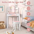 Costway Kids Vanity Table & Stool Set with Cute Polka Dot Print Tri-folding Mirror Drawer Pink&White/Light Pink&White/Pink&Black/Blue/Pink