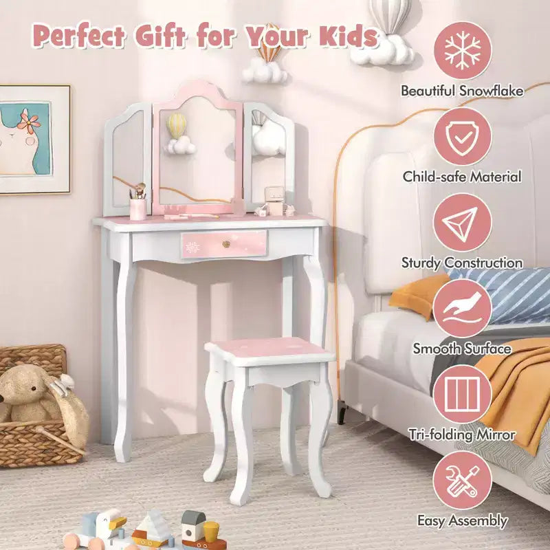 Costway Kids Vanity Table & Stool Set with Cute Polka Dot Print Tri-folding Mirror Drawer Pink&White/Light Pink&White/Pink&Black/Blue/Pink
