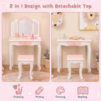 Costway Kids Vanity Table & Stool Set with Cute Polka Dot Print Tri-folding Mirror Drawer Pink&White/Light Pink&White/Pink&Black/Blue/Pink