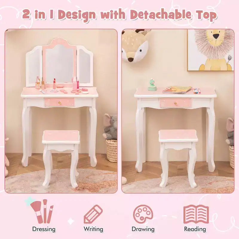 Costway Kids Vanity Table & Stool Set with Cute Polka Dot Print Tri-folding Mirror Drawer Pink&White/Light Pink&White/Pink&Black/Blue/Pink