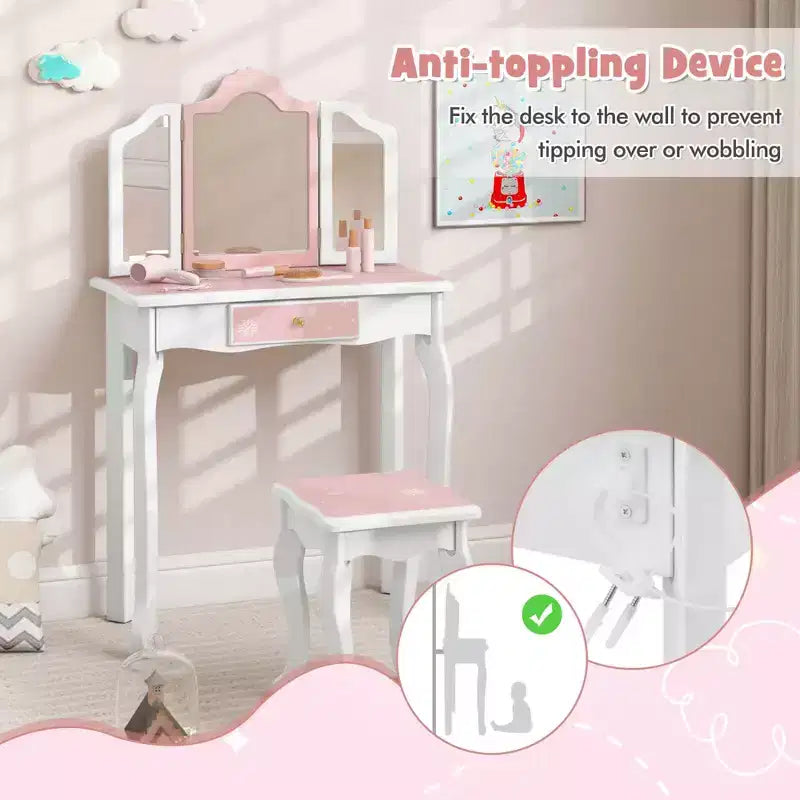 Costway Kids Vanity Table & Stool Set with Cute Polka Dot Print Tri-folding Mirror Drawer Pink&White/Light Pink&White/Pink&Black/Blue/Pink