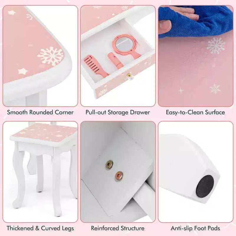 Costway Kids Vanity Table & Stool Set with Cute Polka Dot Print Tri-folding Mirror Drawer Pink&White/Light Pink&White/Pink&Black/Blue/Pink
