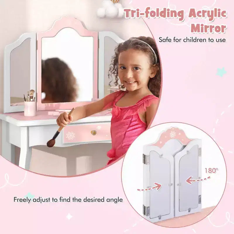 Costway Kids Vanity Table & Stool Set with Cute Polka Dot Print Tri-folding Mirror Drawer Pink&White/Light Pink&White/Pink&Black/Blue/Pink