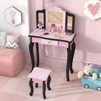 Costway Kids Vanity Table & Stool Set with Cute Polka Dot Print Tri-folding Mirror Drawer Pink&White/Light Pink&White/Pink&Black/Blue/Pink