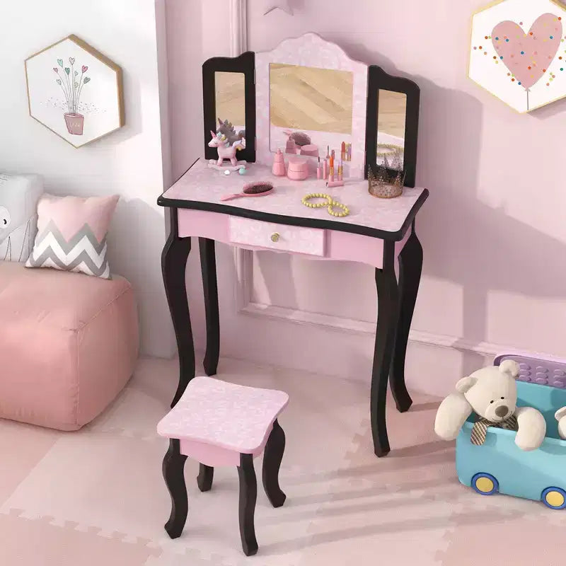 Costway Kids Vanity Table & Stool Set with Cute Polka Dot Print Tri-folding Mirror Drawer Pink&White/Light Pink&White/Pink&Black/Blue/Pink