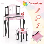 Costway Kids Vanity Table & Stool Set with Cute Polka Dot Print Tri-folding Mirror Drawer Pink&White/Light Pink&White/Pink&Black/Blue/Pink