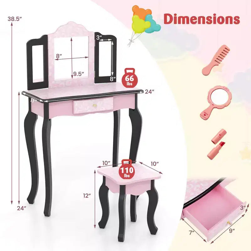 Costway Kids Vanity Table & Stool Set with Cute Polka Dot Print Tri-folding Mirror Drawer Pink&White/Light Pink&White/Pink&Black/Blue/Pink