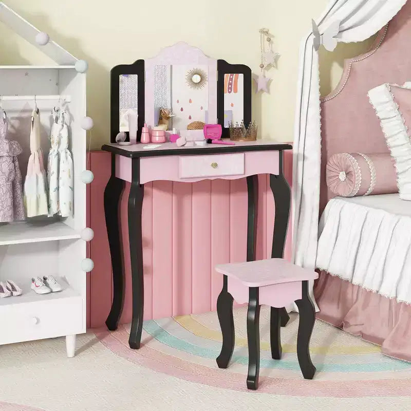 Costway Kids Vanity Table & Stool Set with Cute Polka Dot Print Tri-folding Mirror Drawer Pink&White/Light Pink&White/Pink&Black/Blue/Pink