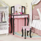 Costway Kids Vanity Table & Stool Set with Cute Polka Dot Print Tri-folding Mirror Drawer Pink&White/Light Pink&White/Pink&Black/Blue/Pink