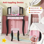 Costway Kids Vanity Table & Stool Set with Cute Polka Dot Print Tri-folding Mirror Drawer Pink&White/Light Pink&White/Pink&Black/Blue/Pink