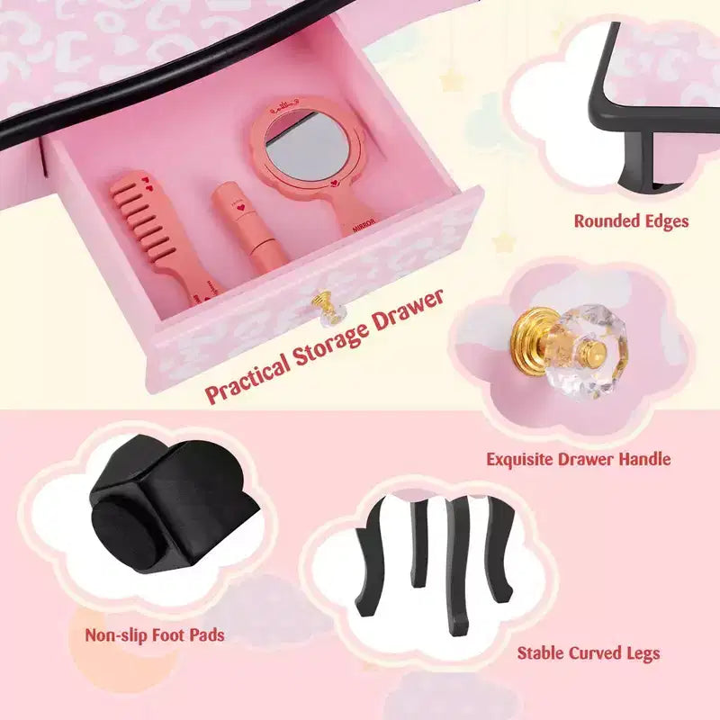 Costway Kids Vanity Table & Stool Set with Cute Polka Dot Print Tri-folding Mirror Drawer Pink&White/Light Pink&White/Pink&Black/Blue/Pink