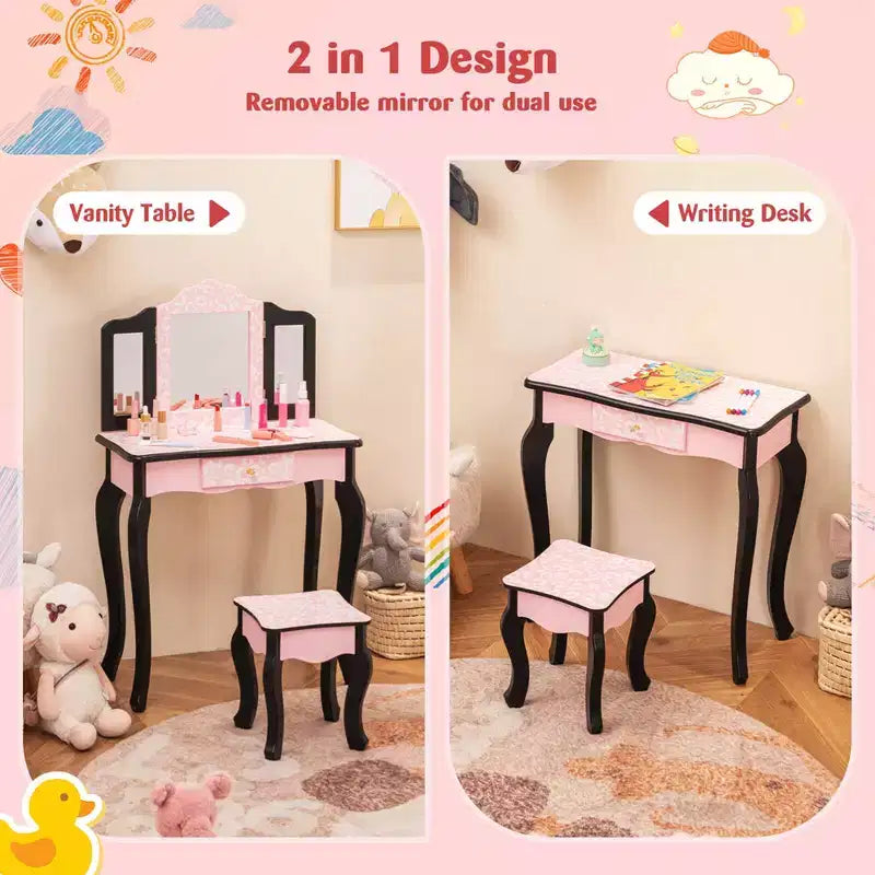 Costway Kids Vanity Table & Stool Set with Cute Polka Dot Print Tri-folding Mirror Drawer Pink&White/Light Pink&White/Pink&Black/Blue/Pink