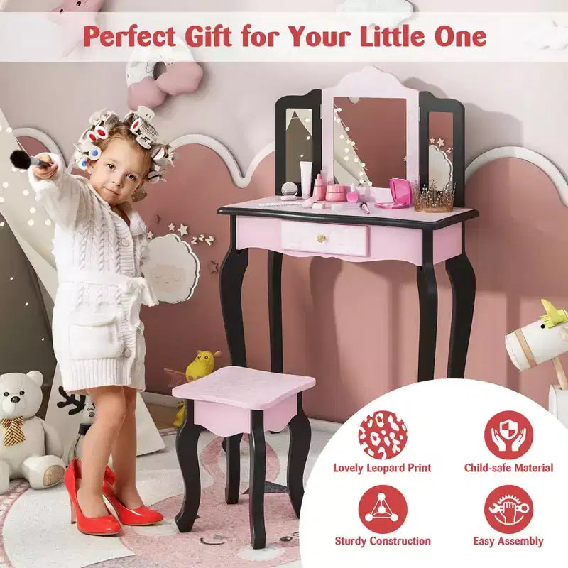 Costway Kids Vanity Table & Stool Set with Cute Polka Dot Print Tri-folding Mirror Drawer Pink&White/Light Pink&White/Pink&Black/Blue/Pink