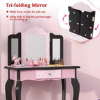 Costway Kids Vanity Table & Stool Set with Cute Polka Dot Print Tri-folding Mirror Drawer Pink&White/Light Pink&White/Pink&Black/Blue/Pink