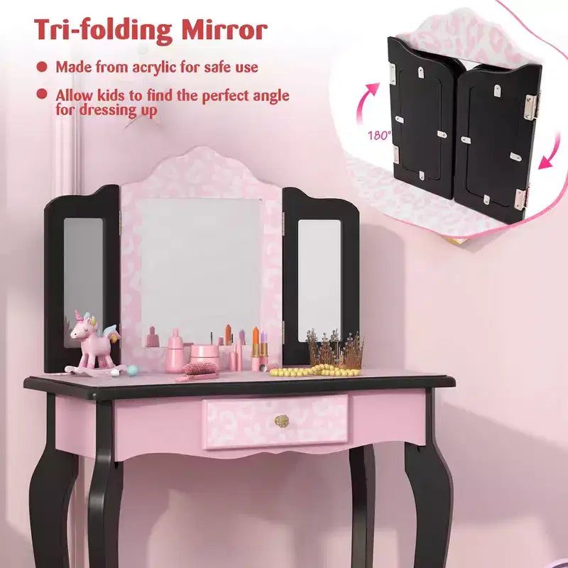 Costway Kids Vanity Table & Stool Set with Cute Polka Dot Print Tri-folding Mirror Drawer Pink&White/Light Pink&White/Pink&Black/Blue/Pink