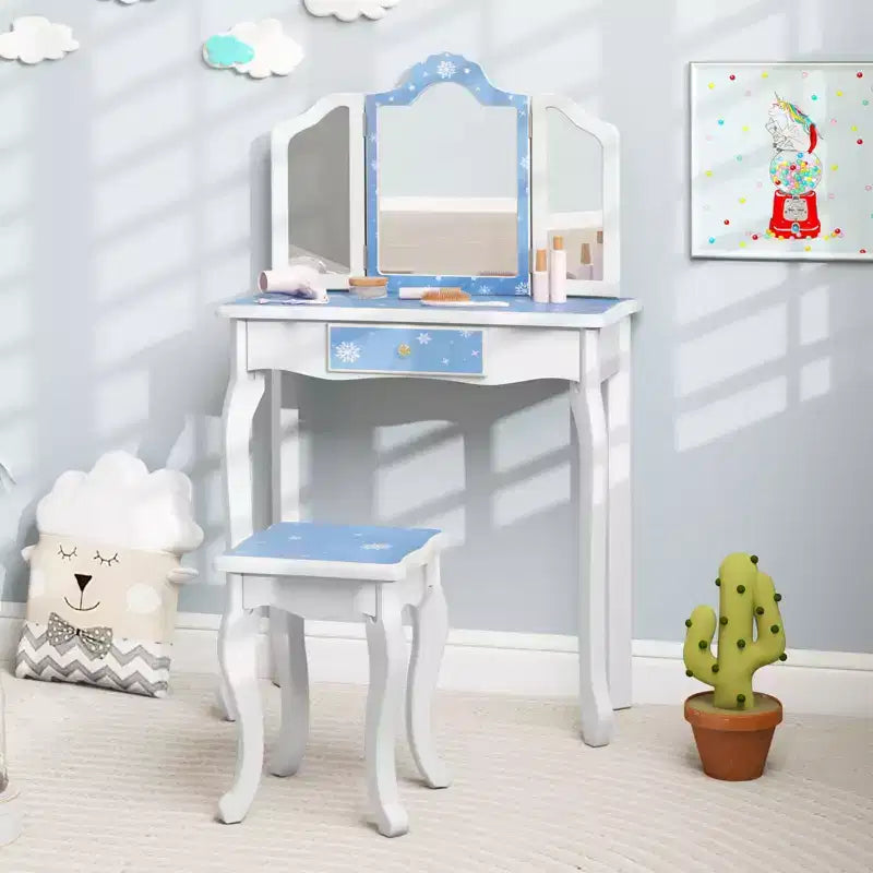 Costway Kids Vanity Table & Stool Set with Cute Polka Dot Print Tri-folding Mirror Drawer Pink&White/Light Pink&White/Pink&Black/Blue/Pink