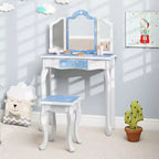 Costway Kids Vanity Table & Stool Set with Cute Polka Dot Print Tri-folding Mirror Drawer Pink&White/Light Pink&White/Pink&Black/Blue/Pink
