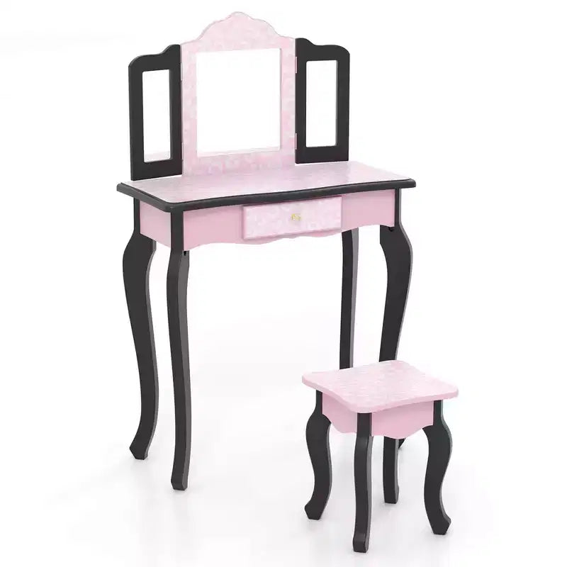 Costway Kids Vanity Table & Stool Set with Cute Polka Dot Print Tri-folding Mirror Drawer Pink&White/Light Pink&White/Pink&Black/Blue/Pink