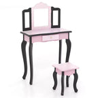 Costway Kids Vanity Table & Stool Set with Cute Polka Dot Print Tri-folding Mirror Drawer Pink&White/Light Pink&White/Pink&Black/Blue/Pink