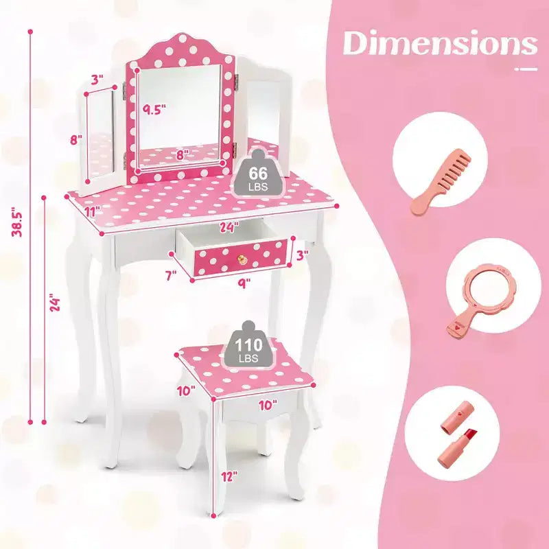 Costway Kids Vanity Table & Stool Set with Cute Polka Dot Print Tri-folding Mirror Drawer Pink&White/Light Pink&White/Pink&Black/Blue/Pink