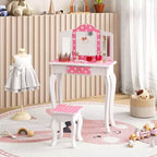 Costway Kids Vanity Table & Stool Set with Cute Polka Dot Print Tri-folding Mirror Drawer Pink&White/Light Pink&White/Pink&Black/Blue/Pink