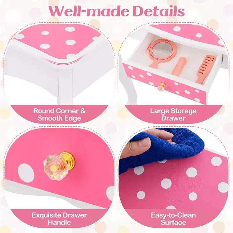 Costway Kids Vanity Table & Stool Set with Cute Polka Dot Print Tri-folding Mirror Drawer Pink&White/Light Pink&White/Pink&Black/Blue/Pink
