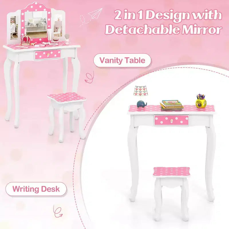 Costway Kids Vanity Table & Stool Set with Cute Polka Dot Print Tri-folding Mirror Drawer Pink&White/Light Pink&White/Pink&Black/Blue/Pink