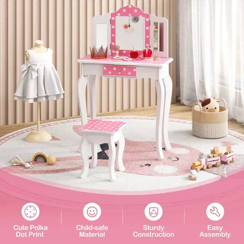 Costway Kids Vanity Table & Stool Set with Cute Polka Dot Print Tri-folding Mirror Drawer Pink&White/Light Pink&White/Pink&Black/Blue/Pink