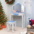 Costway Kids Vanity Table & Stool Set with Cute Polka Dot Print Tri-folding Mirror Drawer Pink&White/Light Pink&White/Pink&Black/Blue/Pink