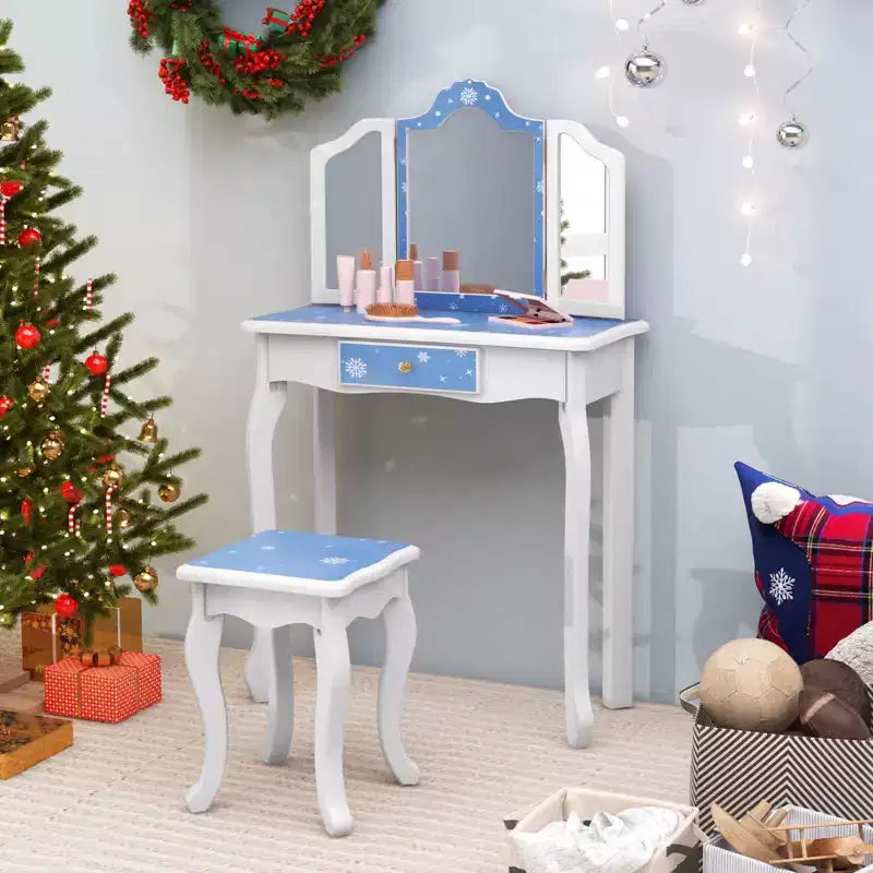 Costway Kids Vanity Table & Stool Set with Cute Polka Dot Print Tri-folding Mirror Drawer Pink&White/Light Pink&White/Pink&Black/Blue/Pink