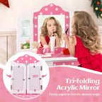 Costway Kids Vanity Table & Stool Set with Cute Polka Dot Print Tri-folding Mirror Drawer Pink&White/Light Pink&White/Pink&Black/Blue/Pink