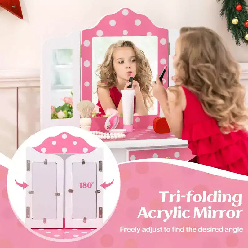 Costway Kids Vanity Table & Stool Set with Cute Polka Dot Print Tri-folding Mirror Drawer Pink&White/Light Pink&White/Pink&Black/Blue/Pink