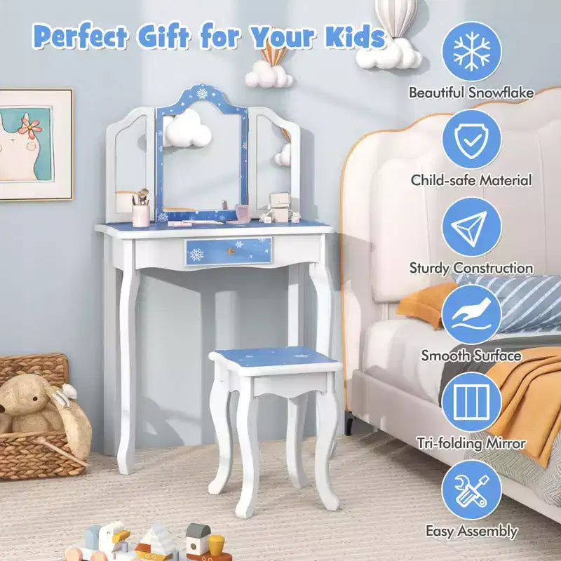 Costway Kids Vanity Table & Stool Set with Cute Polka Dot Print Tri-folding Mirror Drawer Pink&White/Light Pink&White/Pink&Black/Blue/Pink