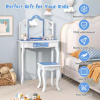 Costway Kids Vanity Table & Stool Set with Cute Polka Dot Print Tri-folding Mirror Drawer Pink&White/Light Pink&White/Pink&Black/Blue/Pink