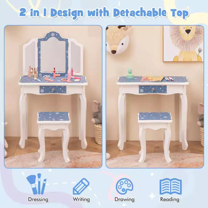 Costway Kids Vanity Table & Stool Set with Cute Polka Dot Print Tri-folding Mirror Drawer Pink&White/Light Pink&White/Pink&Black/Blue/Pink