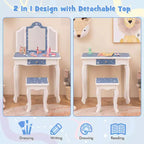 Costway Kids Vanity Table & Stool Set with Cute Polka Dot Print Tri-folding Mirror Drawer Pink&White/Light Pink&White/Pink&Black/Blue/Pink