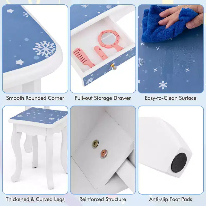 Costway Kids Vanity Table & Stool Set with Cute Polka Dot Print Tri-folding Mirror Drawer Pink&White/Light Pink&White/Pink&Black/Blue/Pink