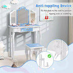 Costway Kids Vanity Table & Stool Set with Cute Polka Dot Print Tri-folding Mirror Drawer Pink&White/Light Pink&White/Pink&Black/Blue/Pink