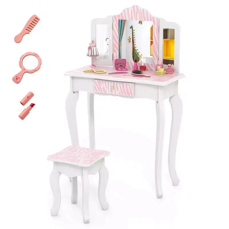Costway Kids Vanity Table & Stool Set with Cute Polka Dot Print Tri-folding Mirror Drawer Pink&White/Light Pink&White/Pink&Black/Blue/Pink