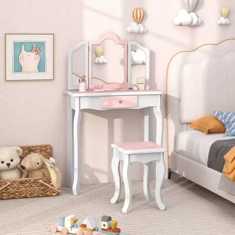 Costway Kids Vanity Table & Stool Set with Cute Polka Dot Print Tri-folding Mirror Drawer Pink&White/Light Pink&White/Pink&Black/Blue/Pink