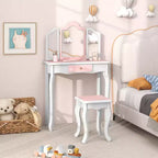 Costway Kids Vanity Table & Stool Set with Cute Polka Dot Print Tri-folding Mirror Drawer Pink&White/Light Pink&White/Pink&Black/Blue/Pink